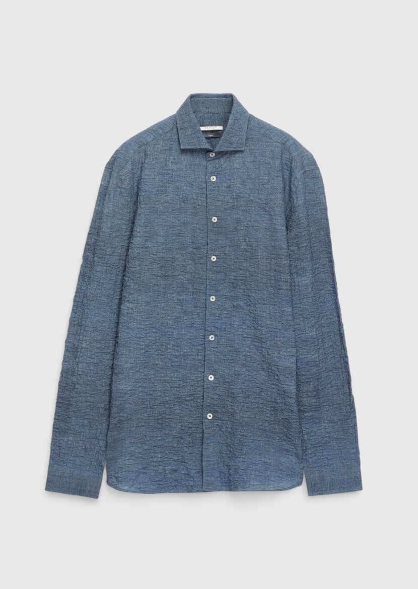Indigo Plain Regular Fit Long Weaving Casual Cotton Blended Shirt 