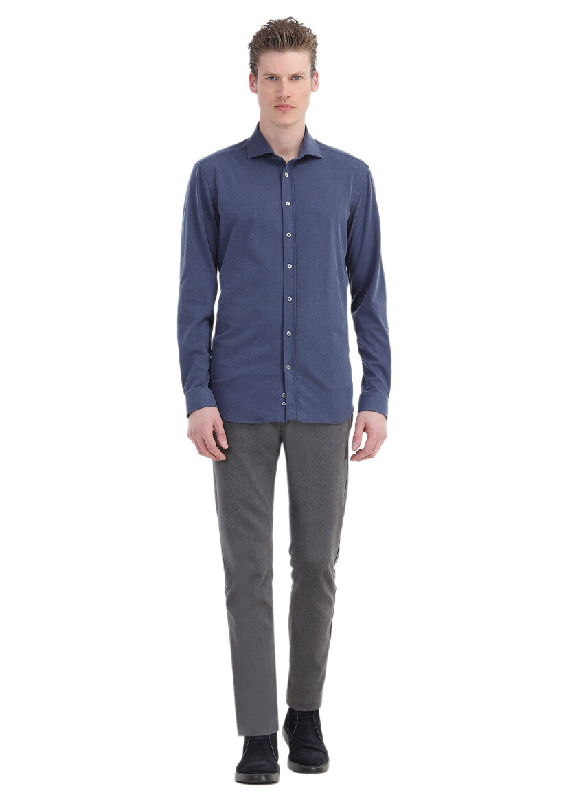 Indigo Plain Regular Fit Long Weaving Casual Shirt - 2