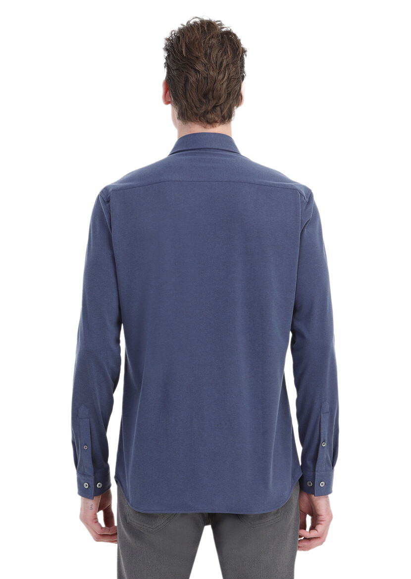 Indigo Plain Regular Fit Long Weaving Casual Shirt - 5