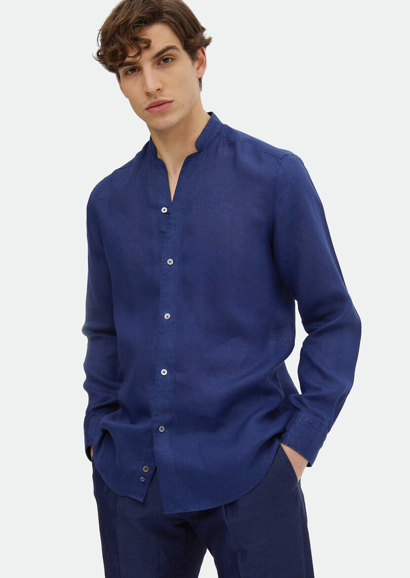 Indigo Plain Regular Fit Weaving Casual 100% Linen Shirt 