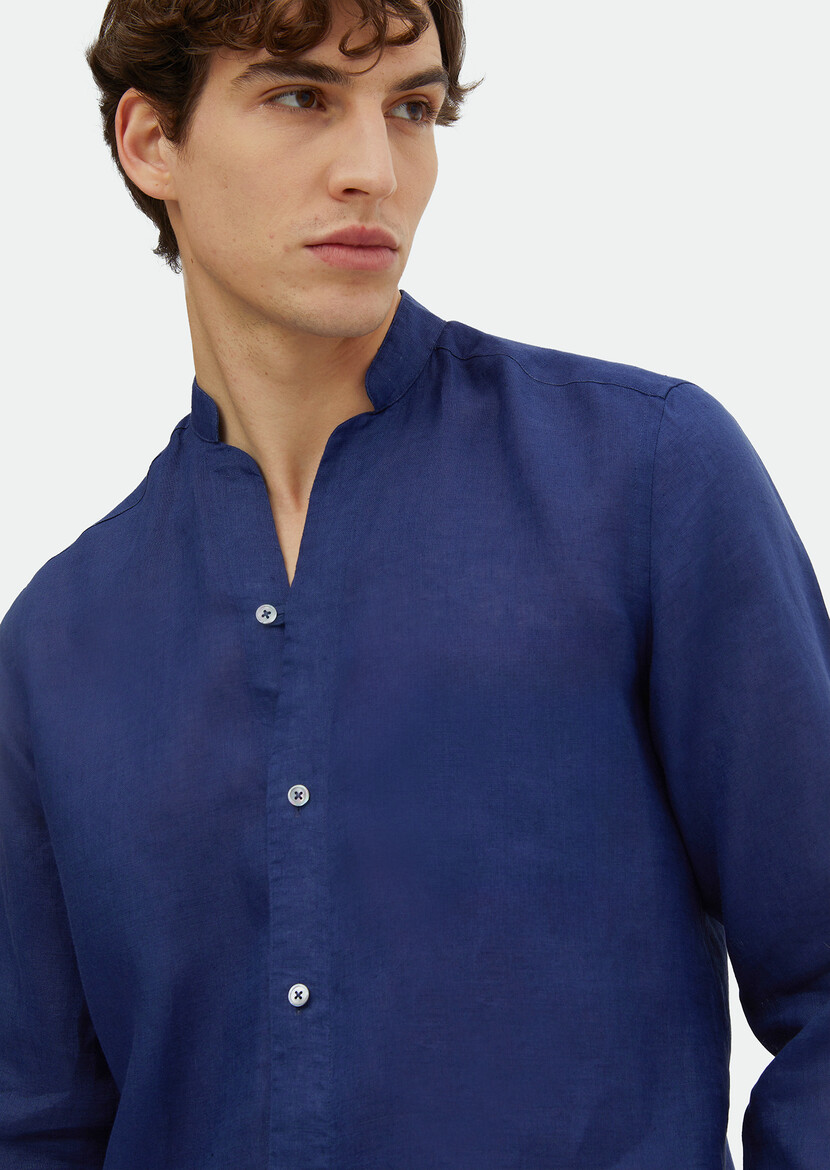 Indigo Plain Regular Fit Weaving Casual 100% Linen Shirt - 3