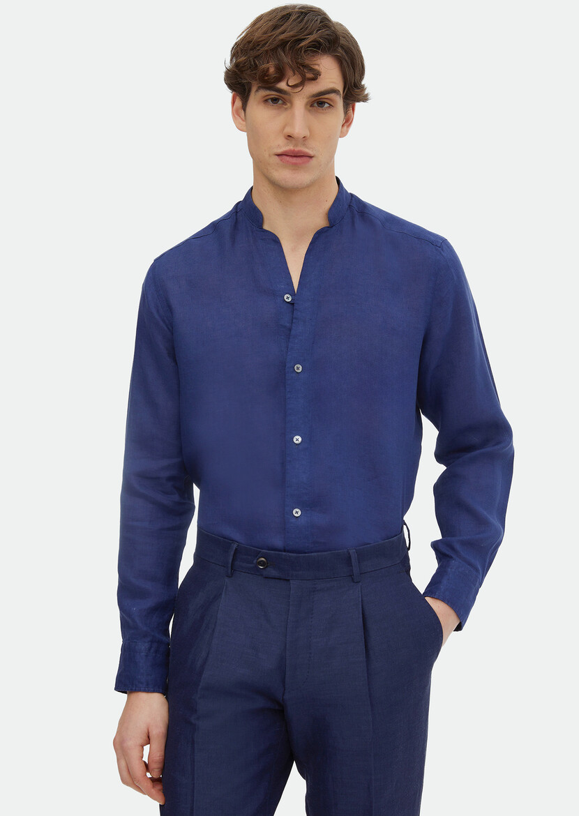 Indigo Plain Regular Fit Weaving Casual 100% Linen Shirt - 4