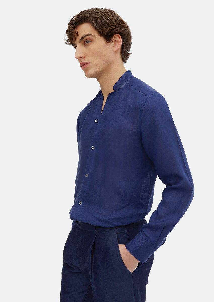 Indigo Plain Regular Fit Weaving Casual 100% Linen Shirt - 5