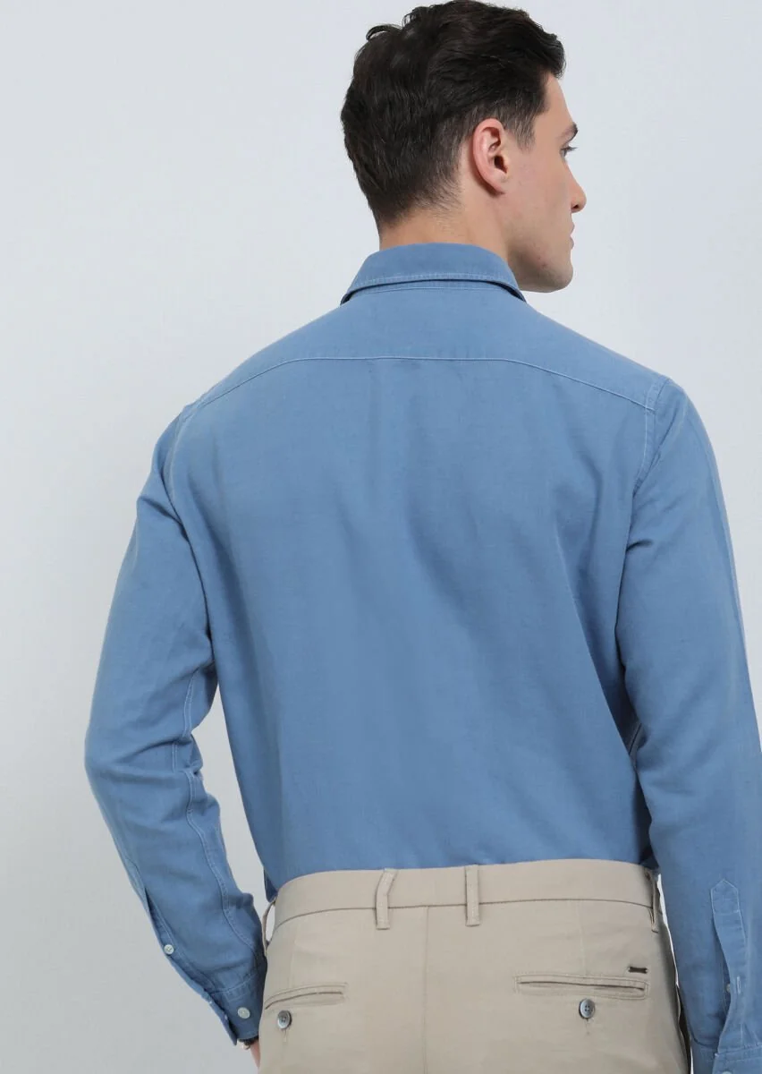 Indigo Plain Regular Fit Weaving Casual Cotton Blended Shirt - 5
