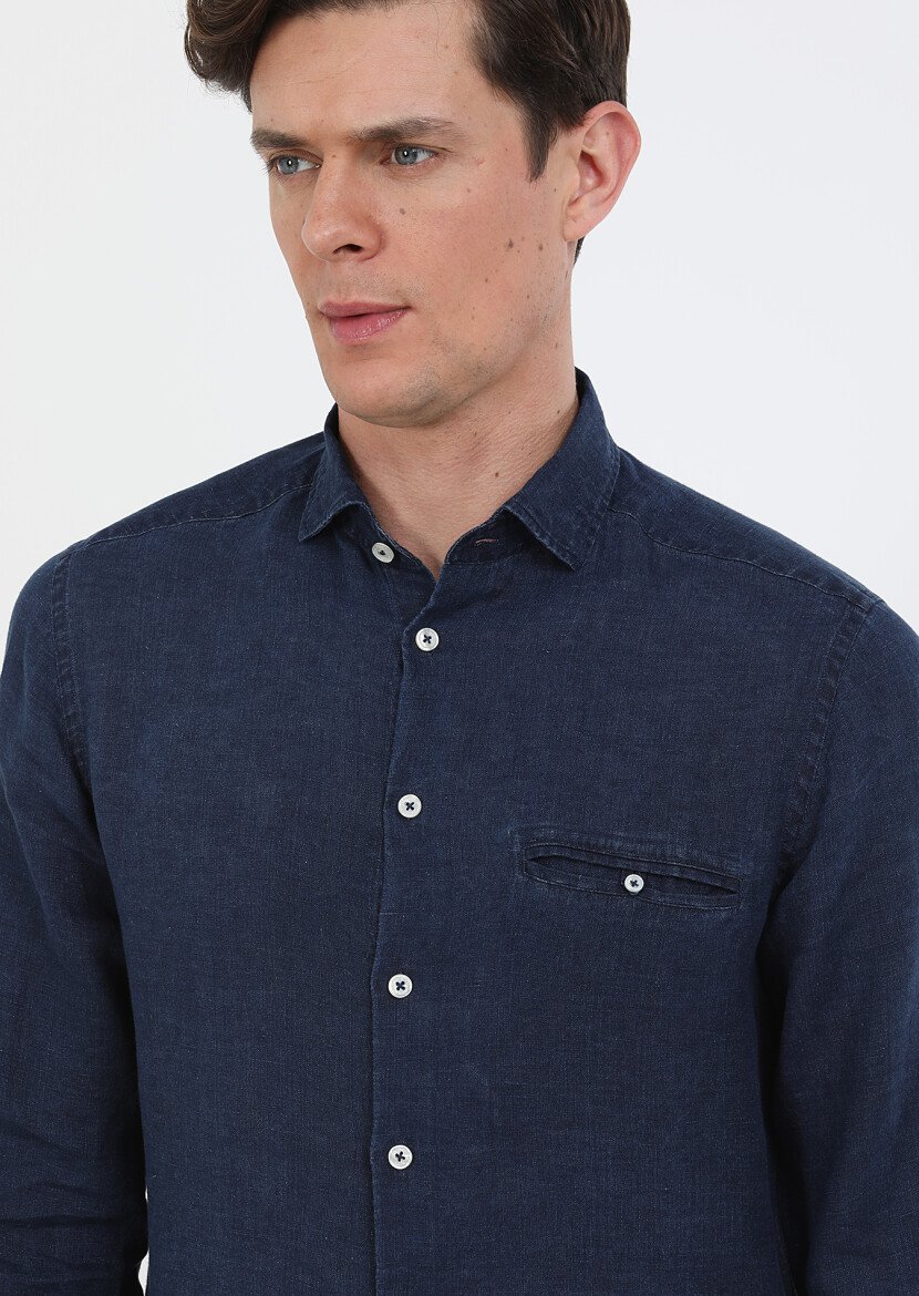 Indigo Plain Regular Fit Weaving Casual Cotton Blended Shirt - 2