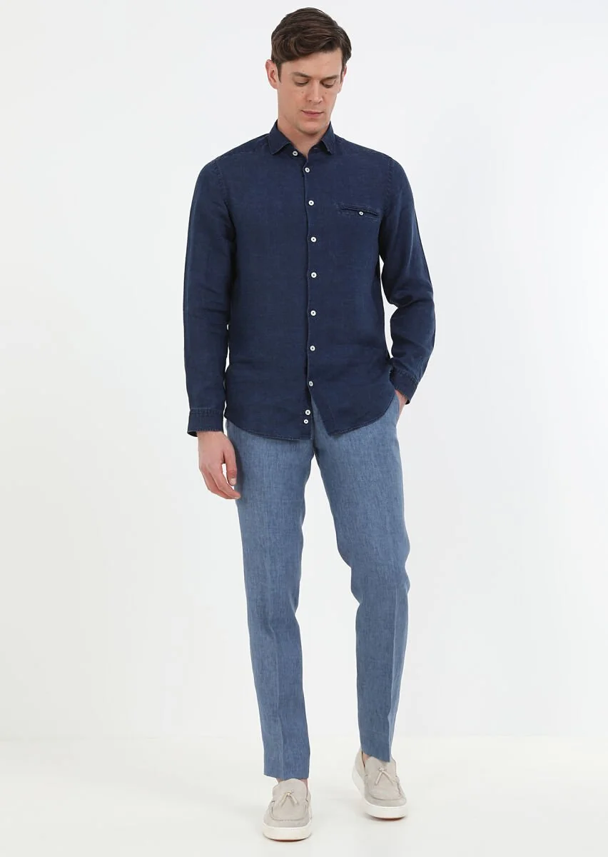 Indigo Plain Regular Fit Weaving Casual Cotton Blended Shirt - 3