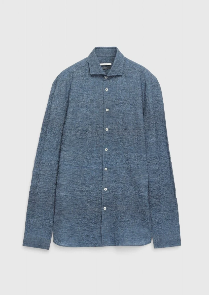 Indigo Plain Regular Fit Weaving Casual Cotton Blended Shirt 