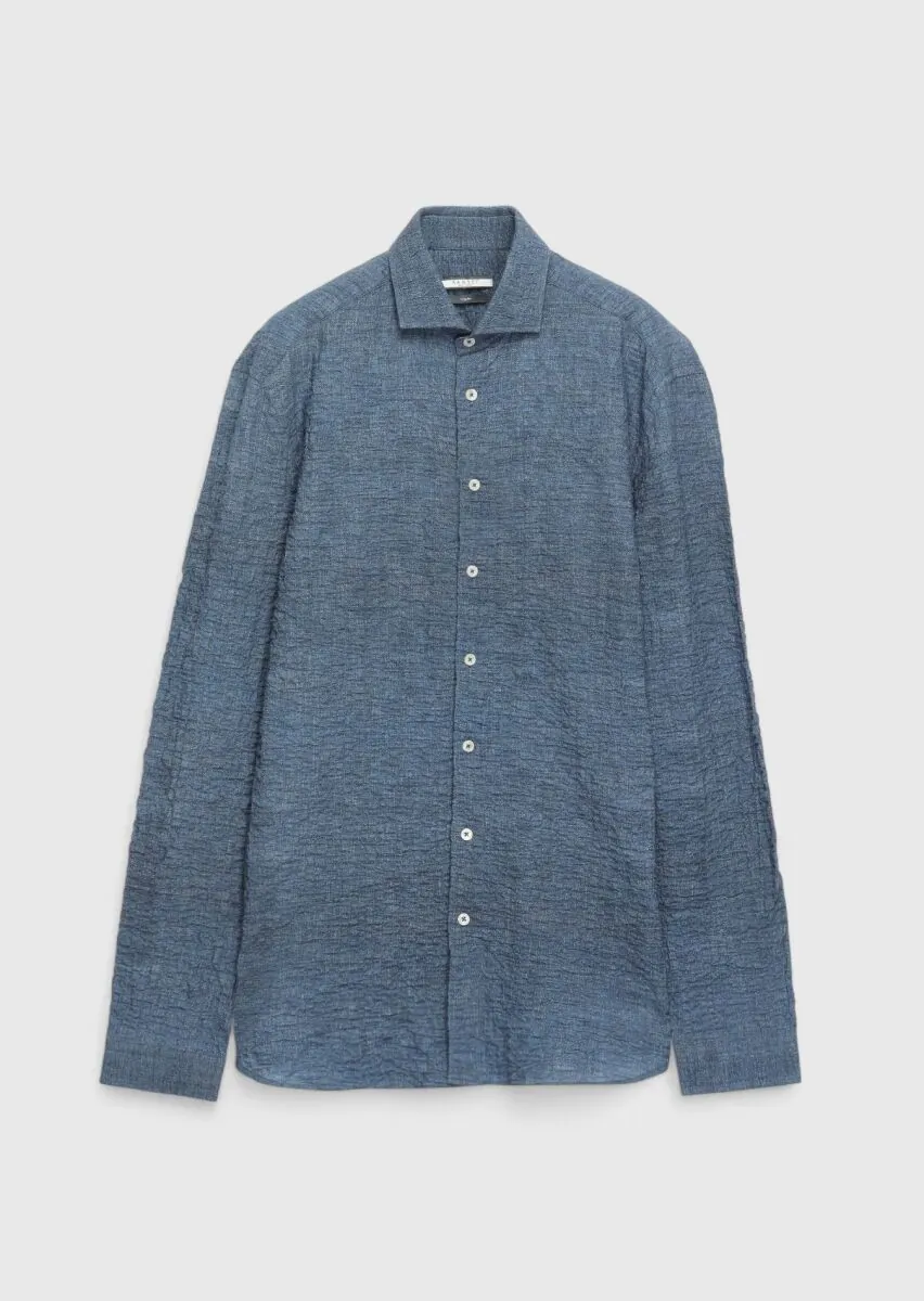 Indigo Plain Regular Fit Weaving Casual Cotton Blended Shirt - 1