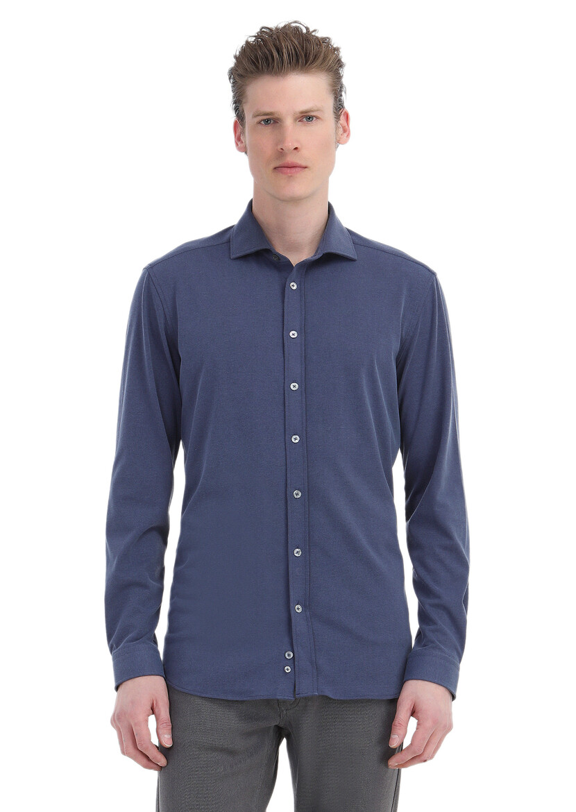 Indigo Plain Regular Fit Weaving Casual Shirt - 1