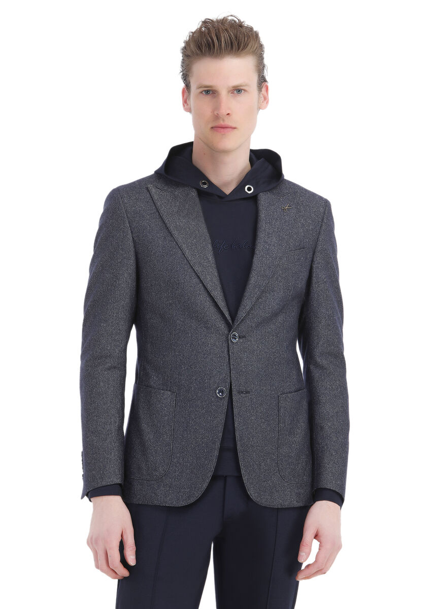 Indigo Plain Zeroweight Slim Fit Wool Blended Jacket - 1