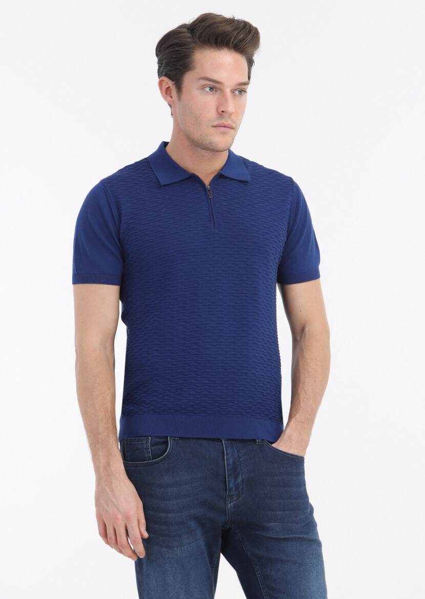 İndigo Polo Yaka Jakarlı %100 Pamuk Triko 