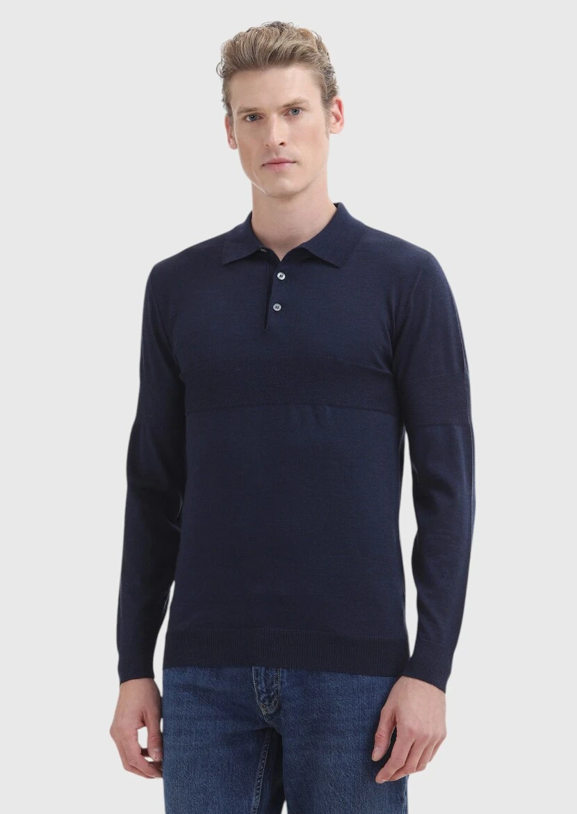 İndigo Polo Yaka Jakarlı %100 Yün Triko Kazak 