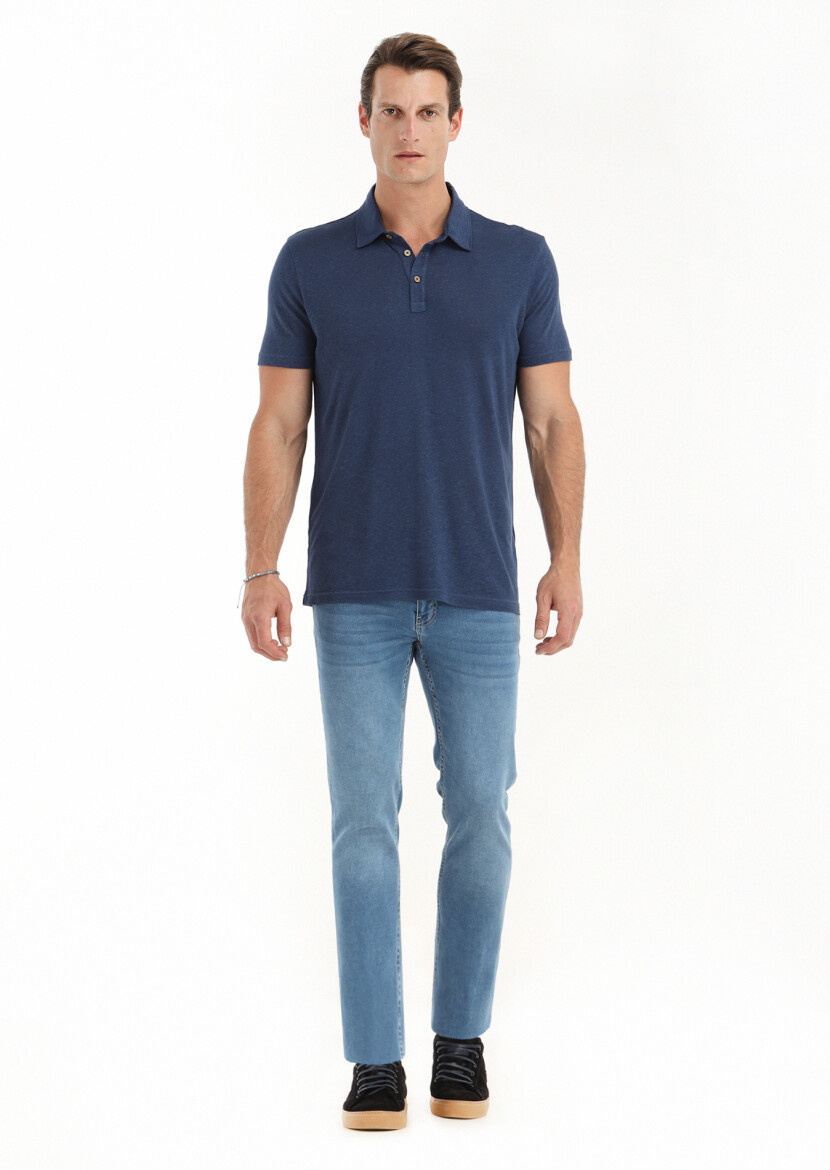 İndigo Polo Yaka Pamuk Karışımlı T-Shirt 