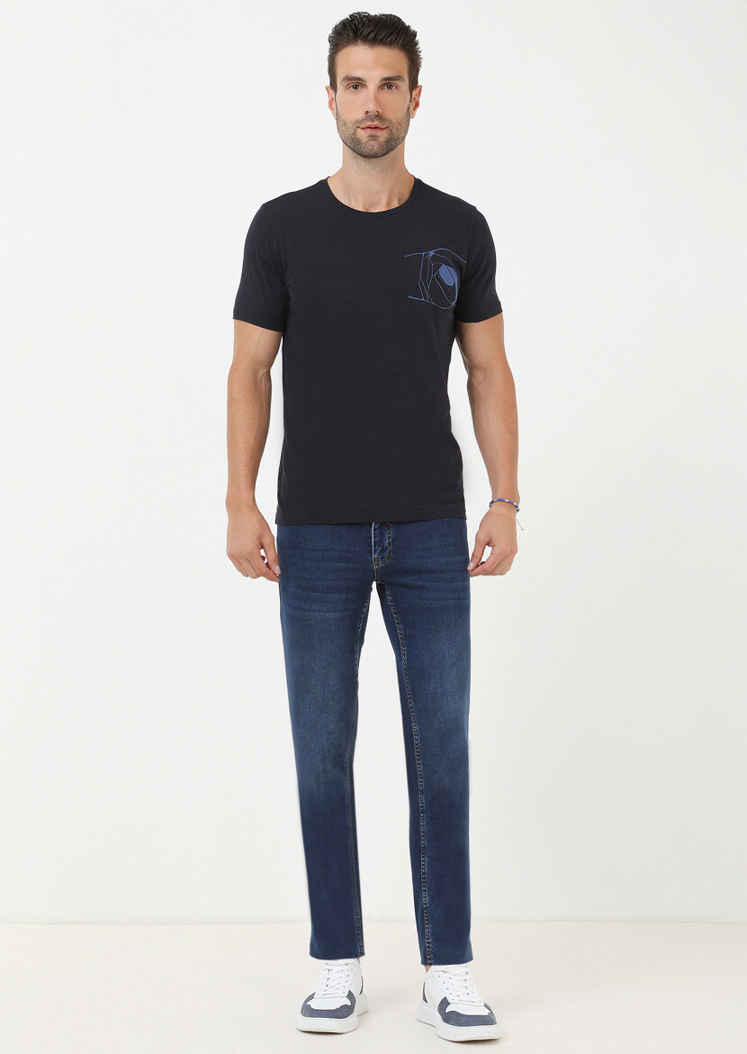 Indigo Printed Crew Neck 100% Cotton T-Shirt - 2