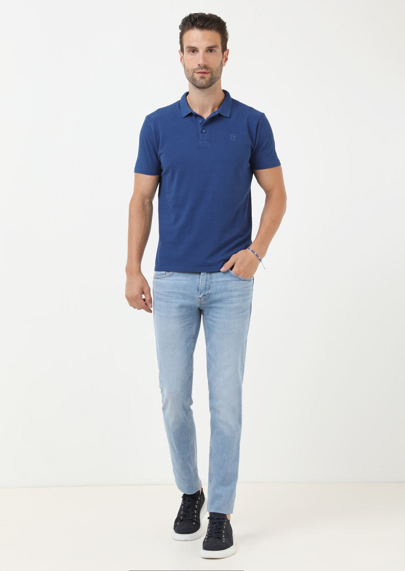 Indigo Printed Polo Neck 100% Cotton T-Shirt - 2