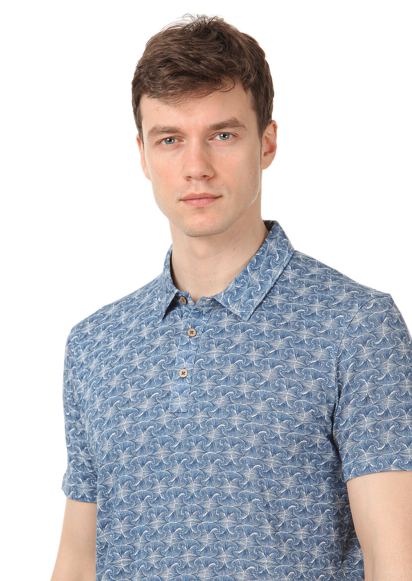 Indigo Printed Polo Neck Linen Blended T-Shirt 