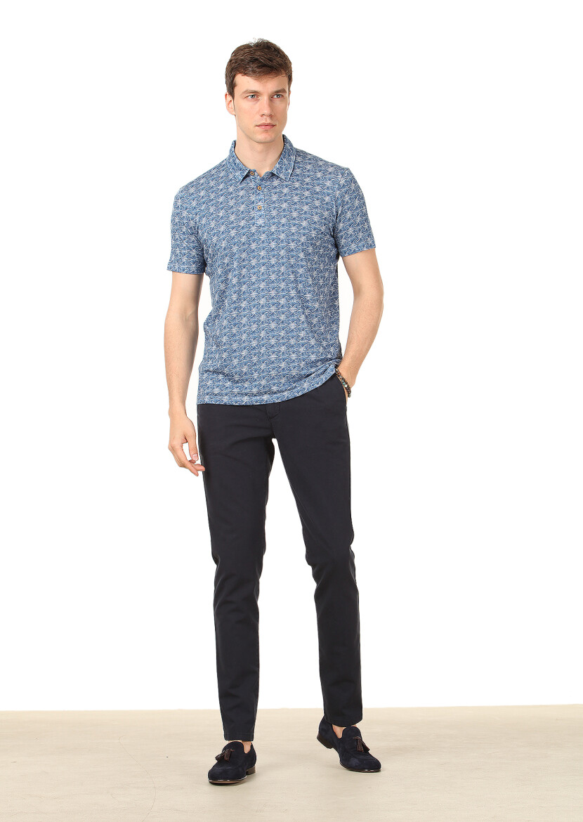 Indigo Printed Polo Neck Linen Blended T-Shirt - 3