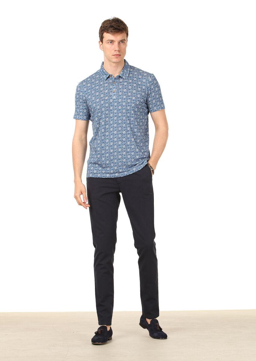 Indigo Printed Polo Neck Linen Blended T-Shirt - 3