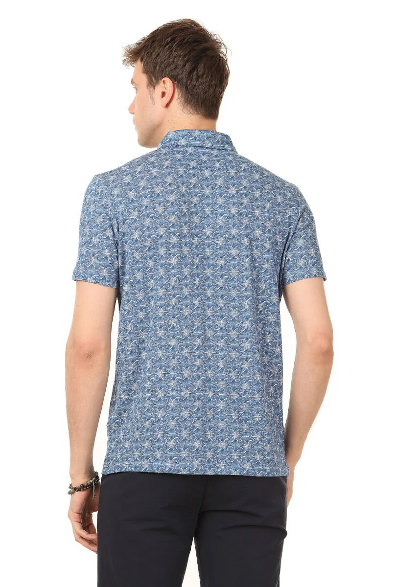 Indigo Printed Polo Neck Linen Blended T-Shirt - 4