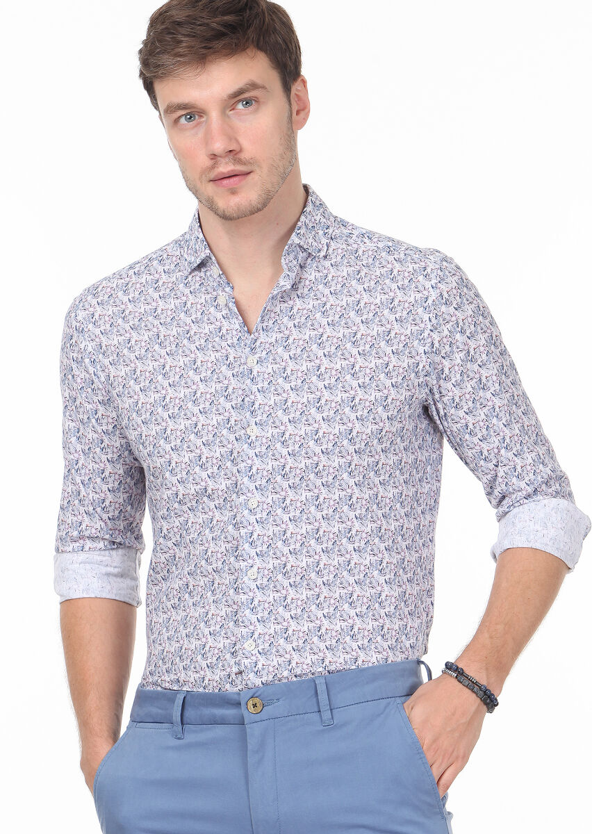 Indigo Printed Regular Fit Long Weaving Casual 100% Cotton Shirt - 2
