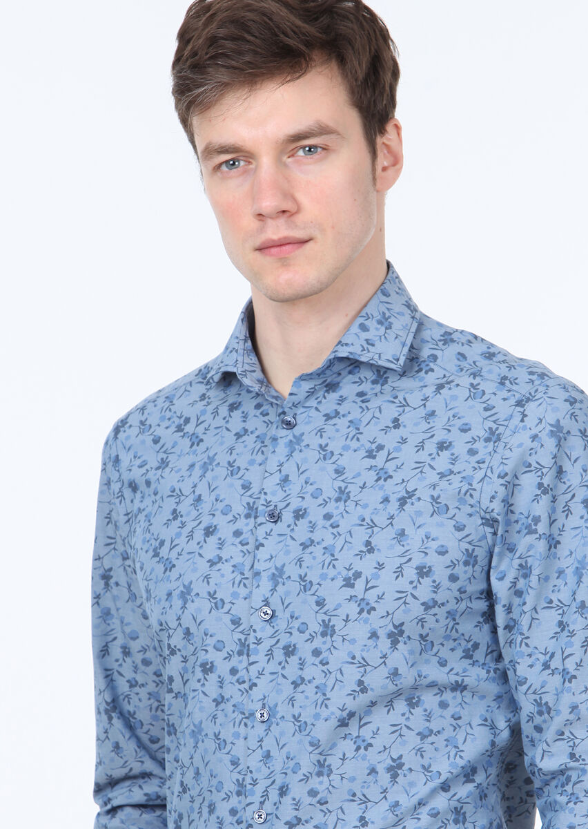 Indigo Printed Slim Fit Long Weaving Casual 100% Cotton Shirt - 3