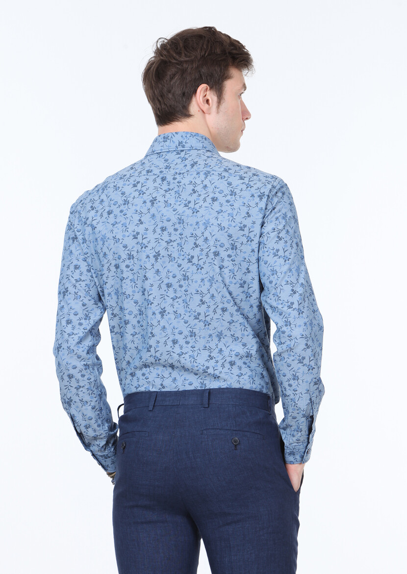 Indigo Printed Slim Fit Long Weaving Casual 100% Cotton Shirt - 4