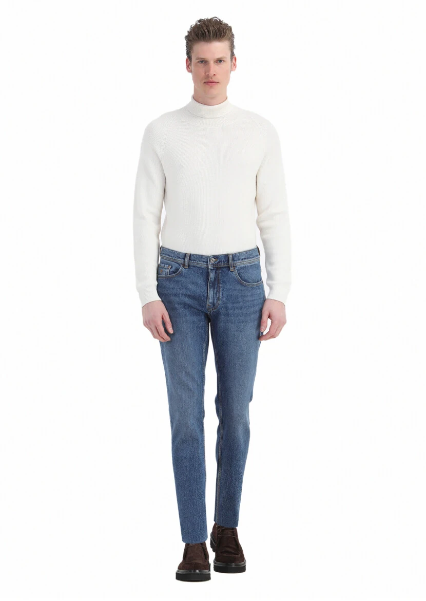 Indigo Regular Fit Denim Cotton Blended Trousers - 1