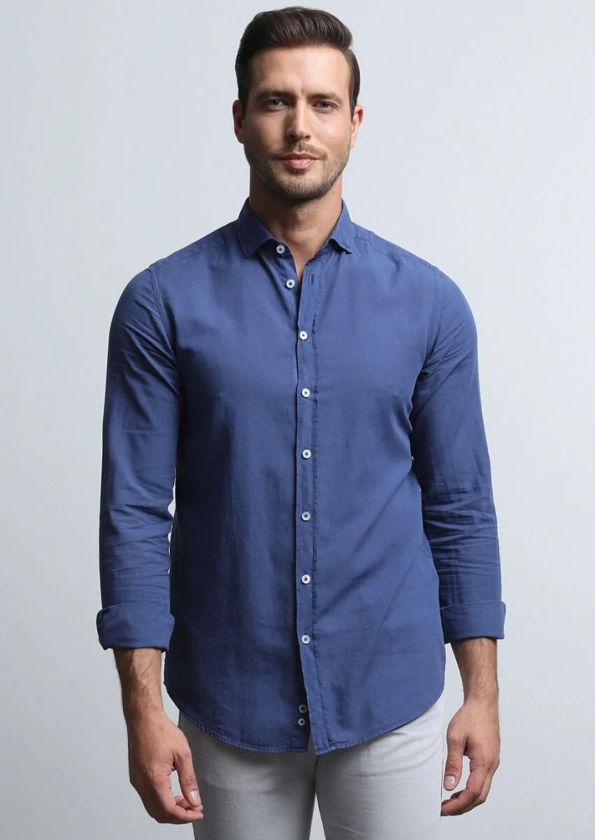 İndigo Regular Fit Dokuma Denim %100 Pamuk Gömlek - 4