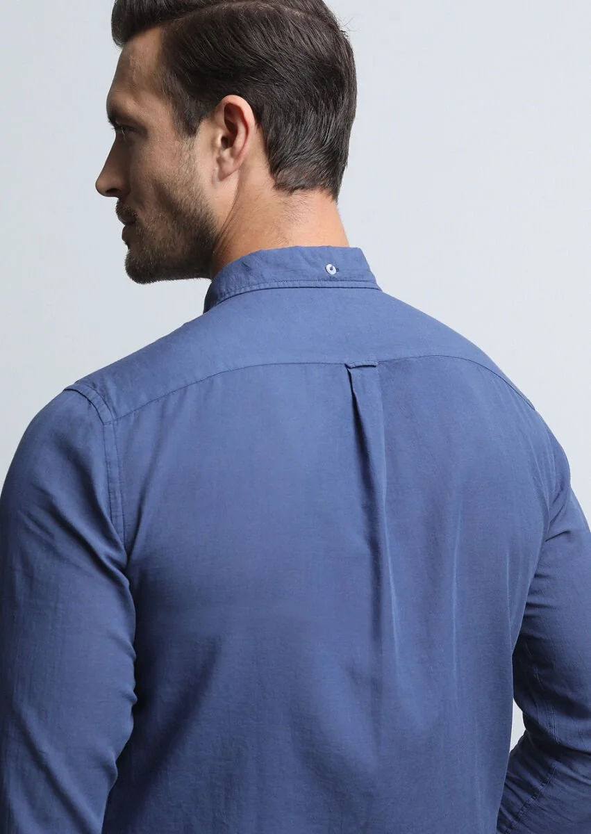İndigo Regular Fit Dokuma Denim %100 Pamuk Gömlek - 5