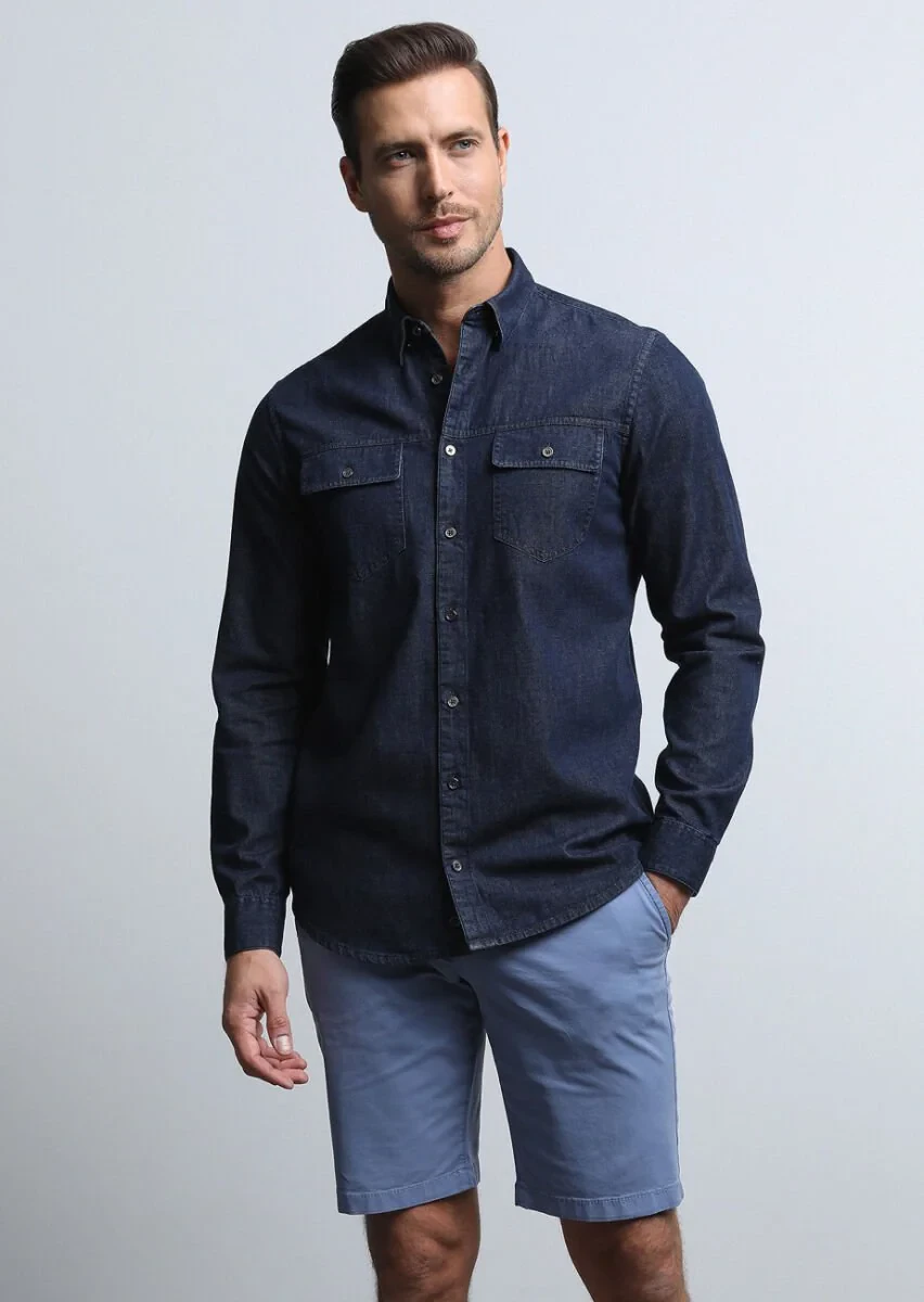 İndigo Regular Fit Dokuma Denim %100 Pamuk Gömlek - 1
