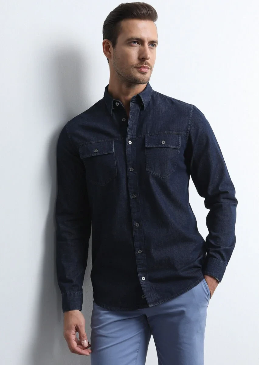 İndigo Regular Fit Dokuma Denim %100 Pamuk Gömlek - 2