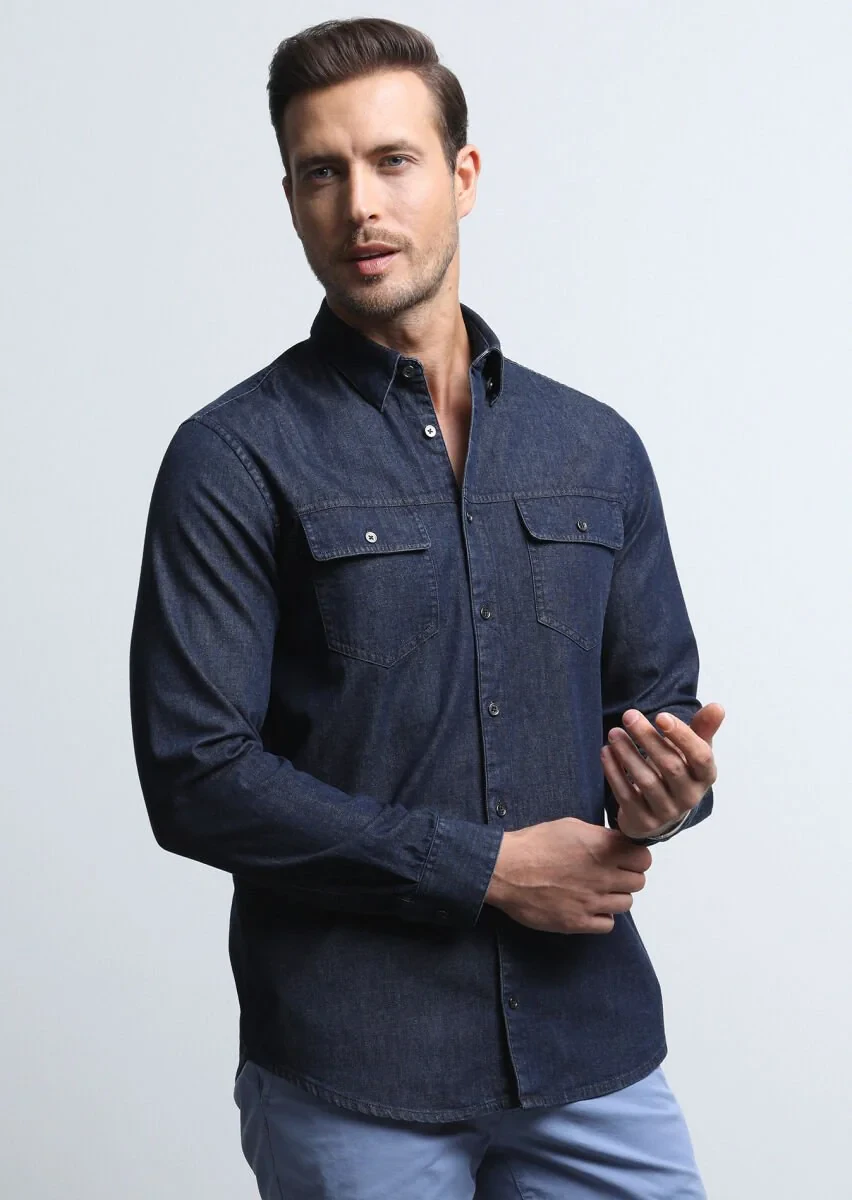 İndigo Regular Fit Dokuma Denim %100 Pamuk Gömlek - 4