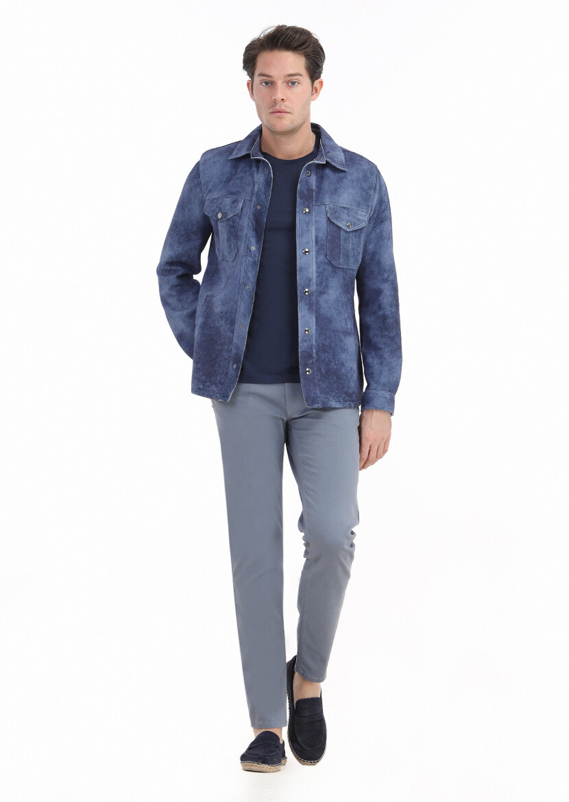 Indigo Regular Fit Shirt Collar Casual Suede Leather Coat - 1