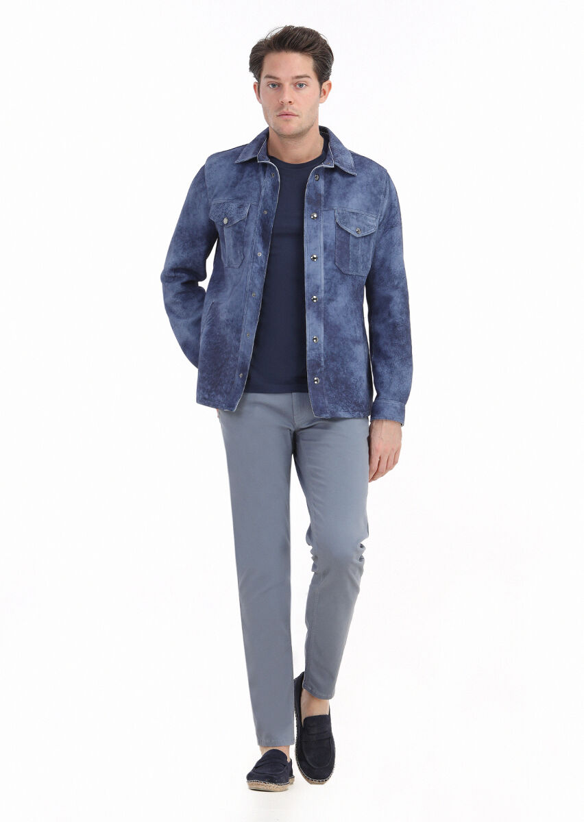 Indigo Regular Fit Shirt Collar Casual Suede Leather Coat - 1