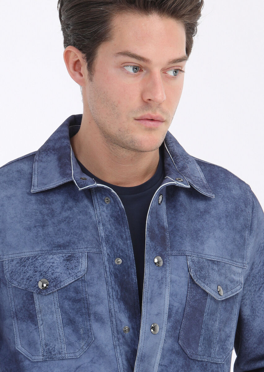 Indigo Regular Fit Shirt Collar Casual Suede Leather Coat - 2