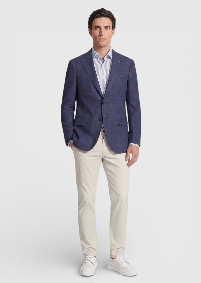 Indigo Regular Fit Silk Blended Jacket - RAMSEY