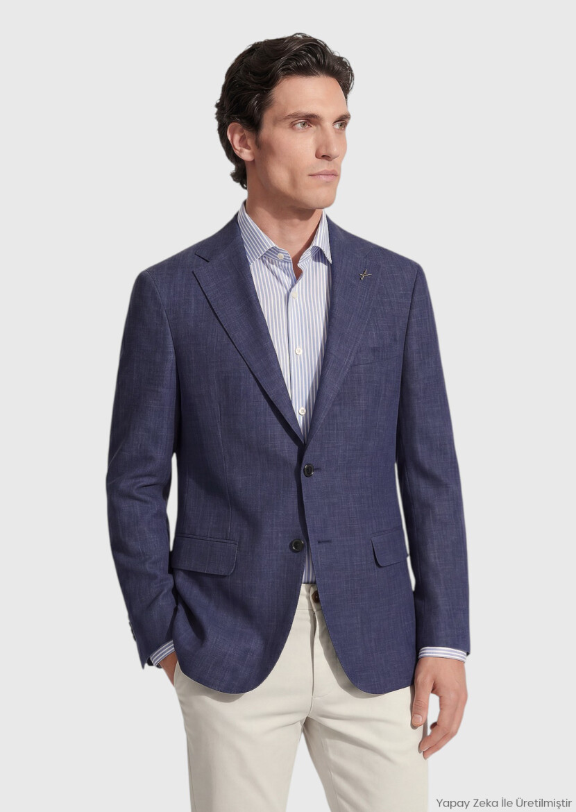 Indigo Regular Fit Silk Blended Jacket - RAMSEY