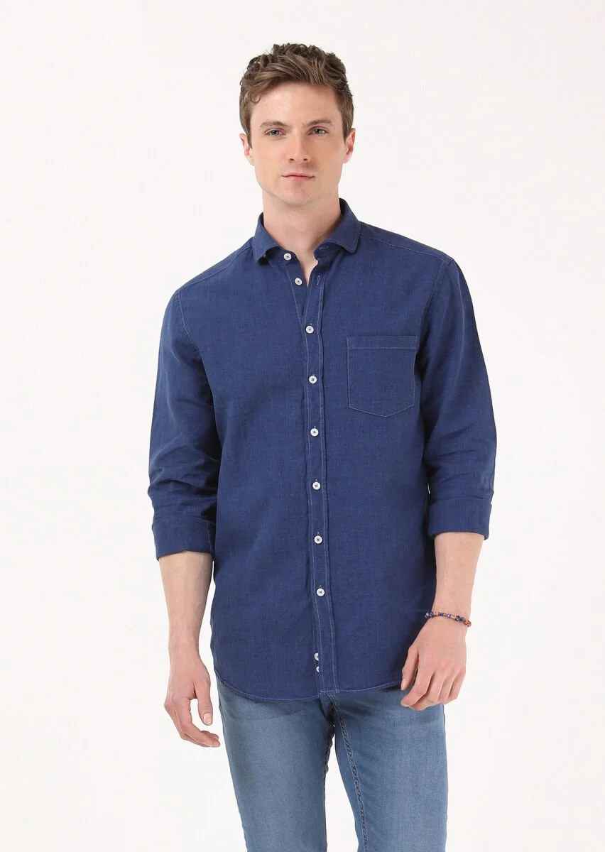 Indigo Regular Fit Weaving Casual Cotton Blended Shirt - 1