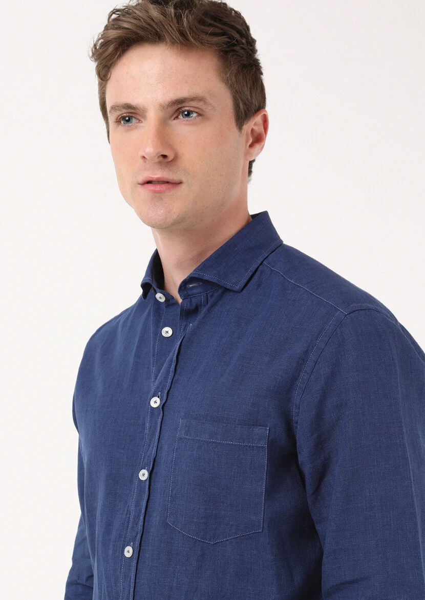 Indigo Regular Fit Weaving Casual Cotton Blended Shirt 