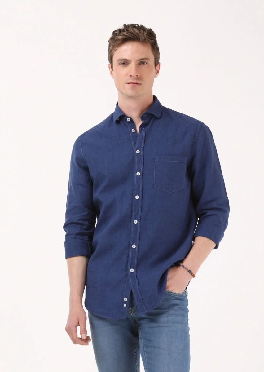 Indigo Regular Fit Weaving Casual Cotton Blended Shirt - 3