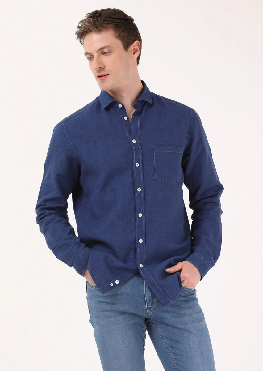 Indigo Regular Fit Weaving Casual Cotton Blended Shirt - 4