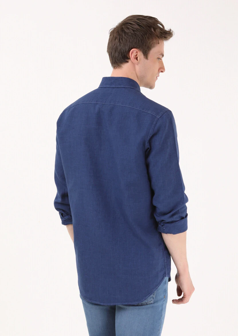 Indigo Regular Fit Weaving Casual Cotton Blended Shirt - 5