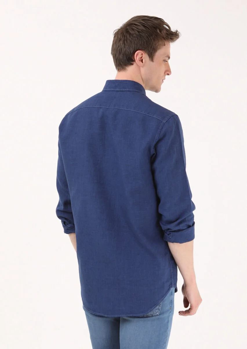 Indigo Regular Fit Weaving Casual Cotton Blended Shirt - 5
