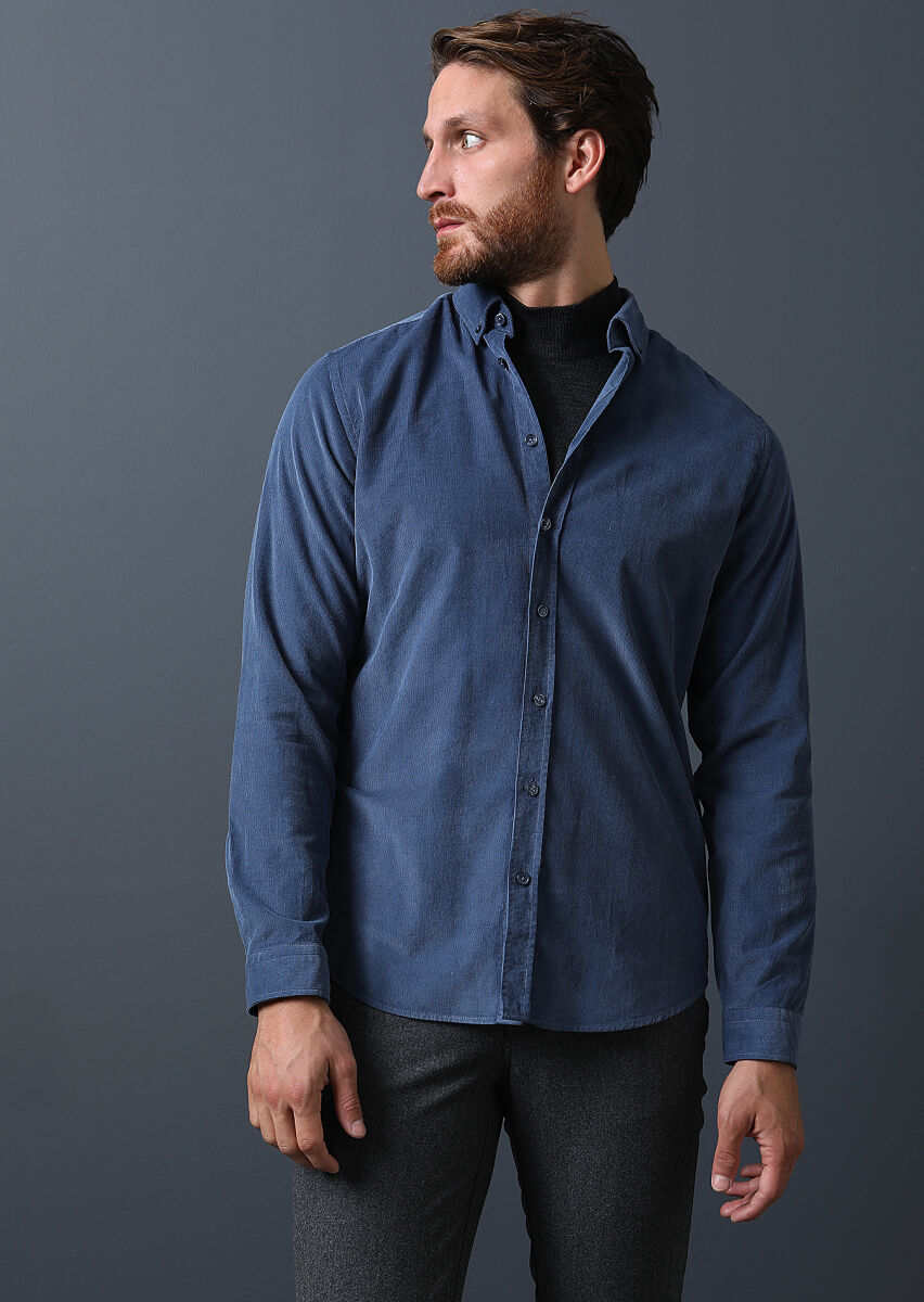 Indigo Ribbed Regular Fit Long Weaving Casual 100% Cotton Shirt - 1