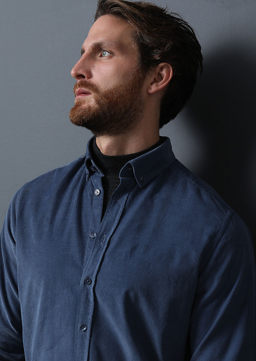 Indigo Ribbed Regular Fit Long Weaving Casual 100% Cotton Shirt - 2