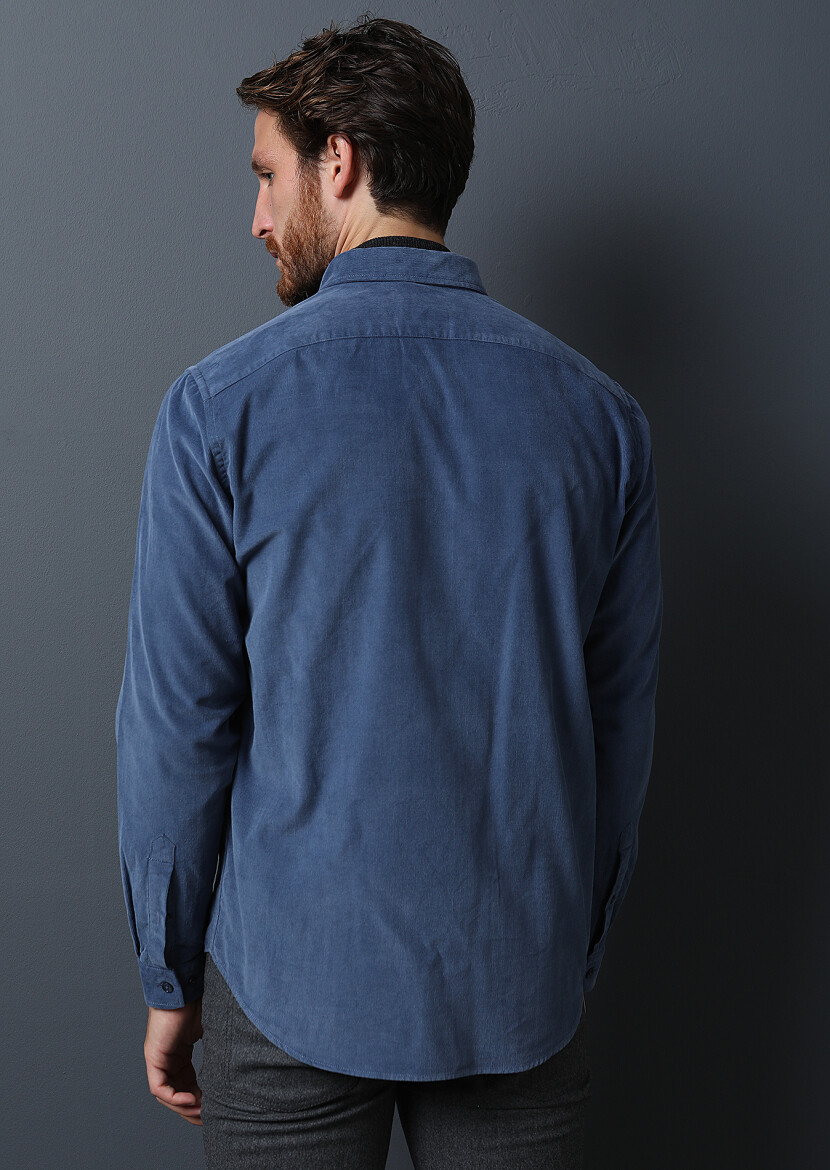 Indigo Ribbed Regular Fit Long Weaving Casual 100% Cotton Shirt - 3