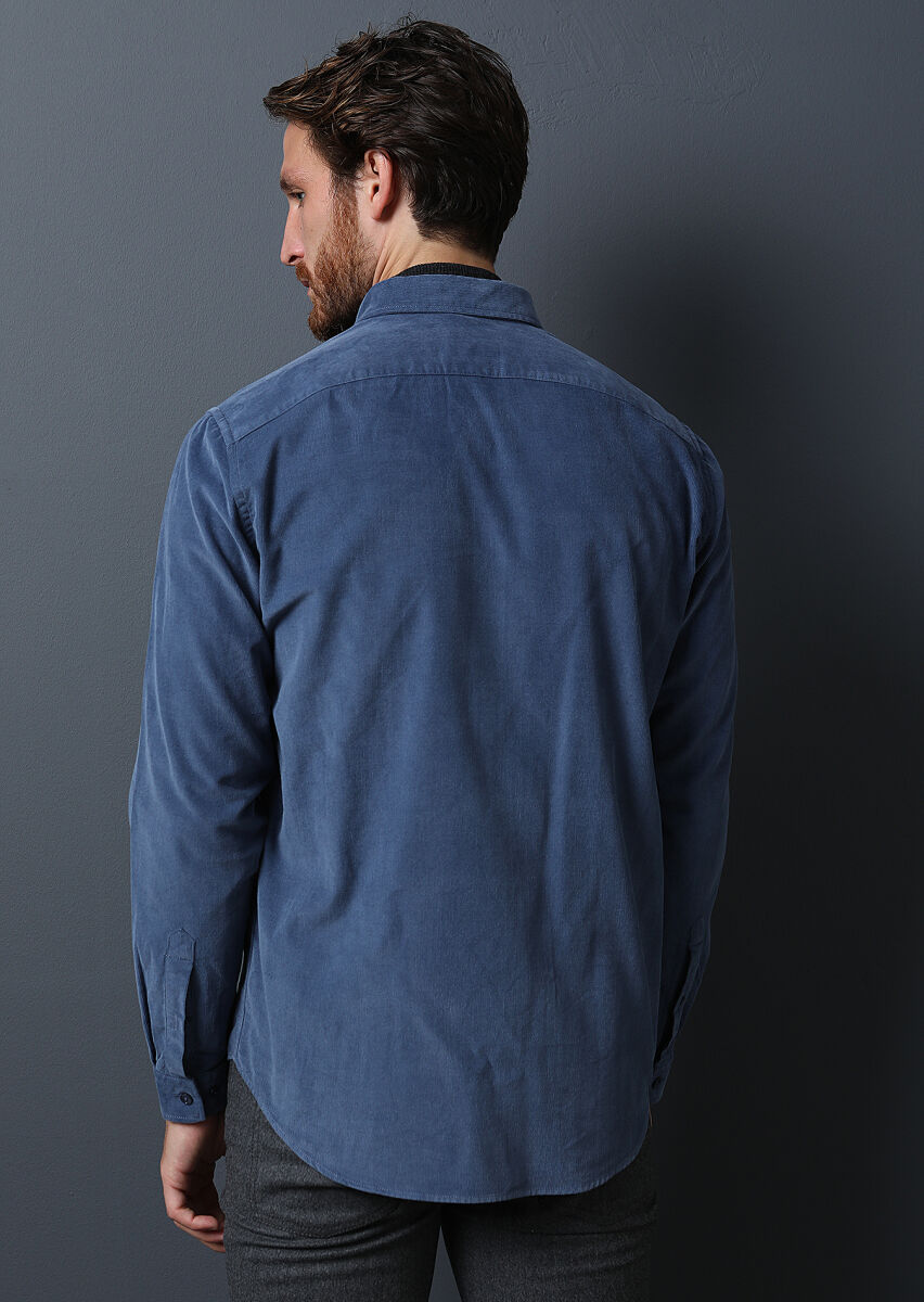 Indigo Ribbed Regular Fit Long Weaving Casual 100% Cotton Shirt - 3