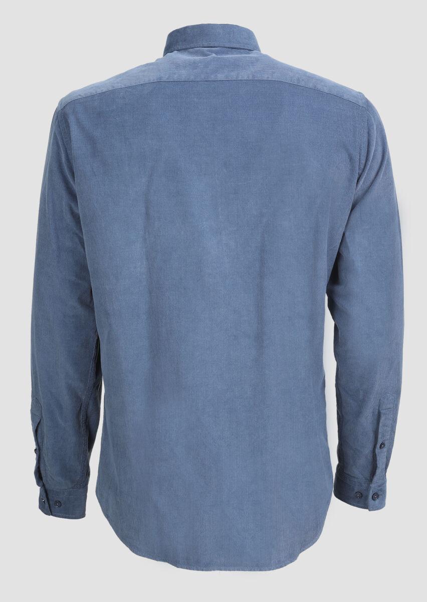 Indigo Ribbed Regular Fit Long Weaving Casual 100% Cotton Shirt - 5