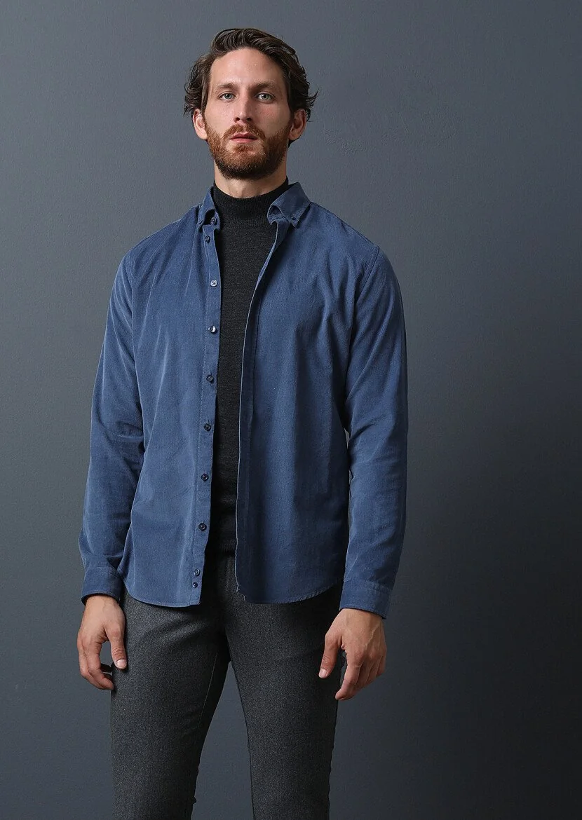 Indigo Ribbed Regular Fit Weaving Casual 100% Cotton Shirt - 3