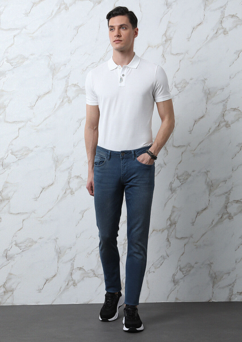 Indigo Slim Fit Denim Cotton Blended Trousers - 1